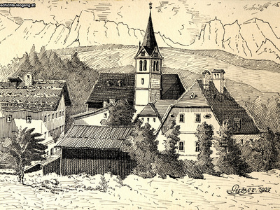 Datei-Vorschaubild - Putzer-Vinzenz_Tuschezeichnung Kirchenwirt Hutter Kirche Schule-alt Pfarrhof Mitterhorn_1927.jpg