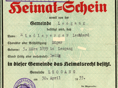 Datei-Vorschaubild - Bergbaumuseum_Heimatschein Riedlsperger-Leonhard_1933.jpg
