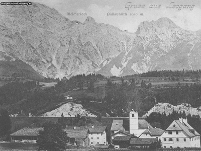 Datei-Vorschaubild - Bergbaumuseum_Kirchenwirt Hutter Kirche Pfarrhof Melkerloch Passauerhütte Bahnbauspuren_1895.jpg