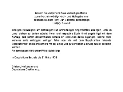 Datei-Vorschaubild - Landesarchiv Christiani_Gnadengesuch Schwaiger-Georg Begleitschreiben Übersetzung_1732.pdf